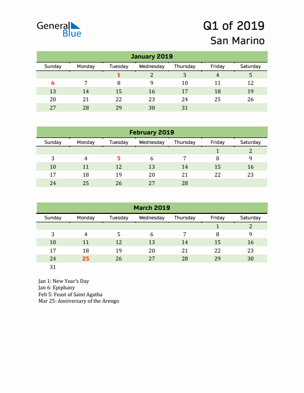 Quarterly Calendar 2019 with San Marino Holidays