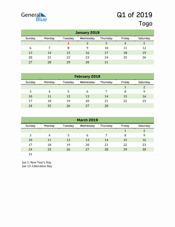 Quarterly Calendar 2019 with Togo Holidays