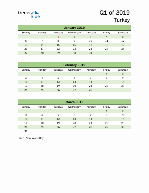 Quarterly Calendar 2019 with Turkey Holidays