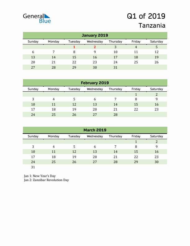 Quarterly Calendar 2019 with Tanzania Holidays