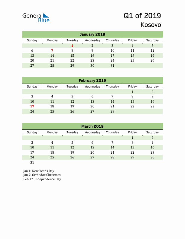 Quarterly Calendar 2019 with Kosovo Holidays