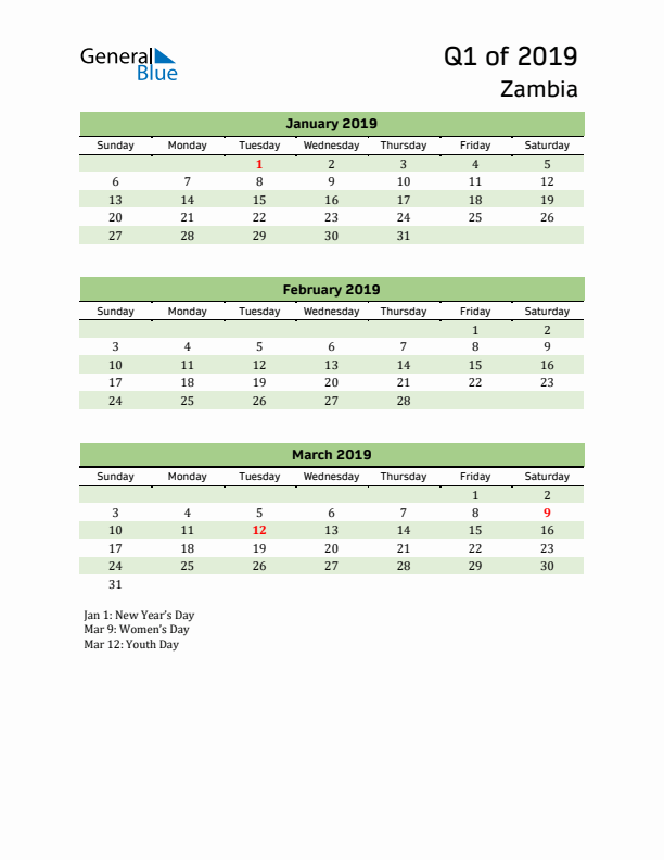 Quarterly Calendar 2019 with Zambia Holidays