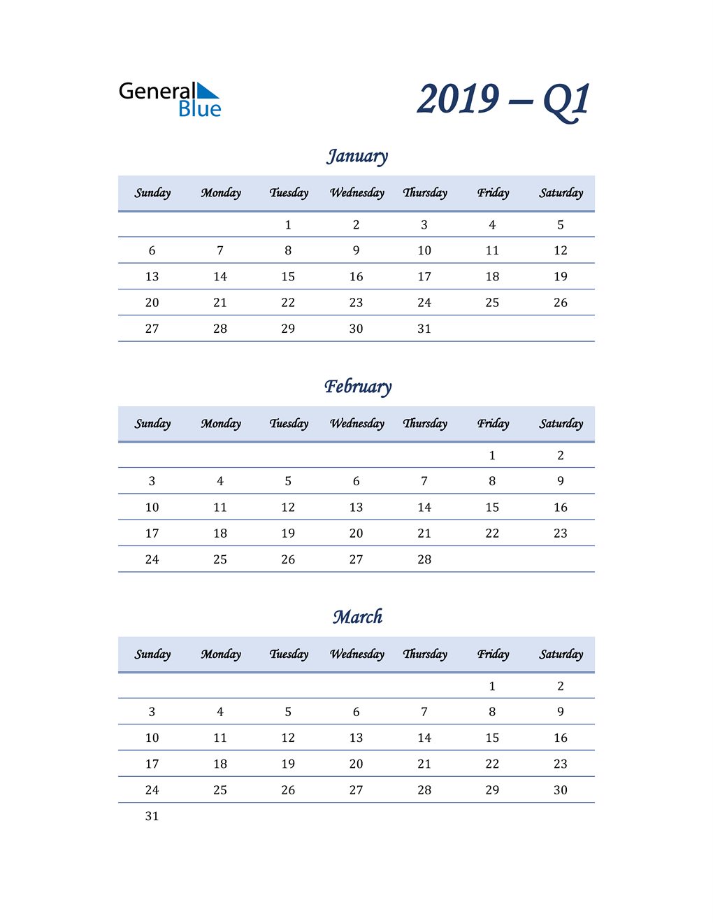  2019 Quarterly Calendar