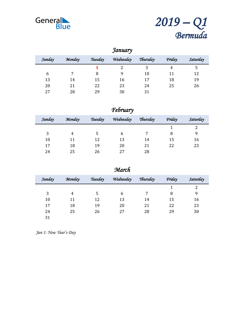  January, February, and March Calendar for Bermuda