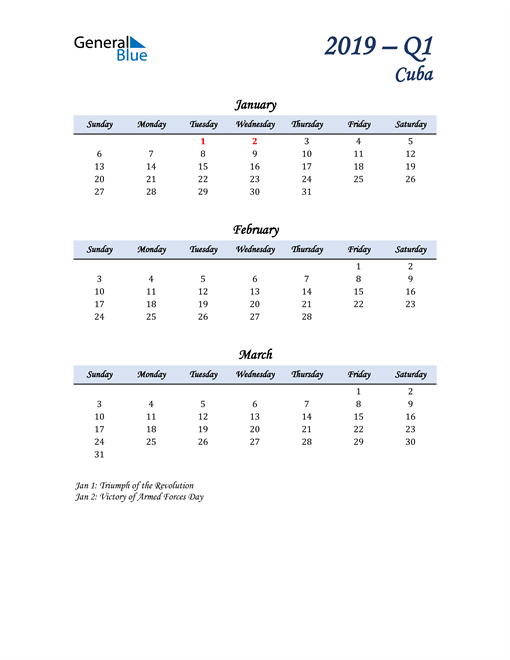  January, February, and March Calendar for Cuba