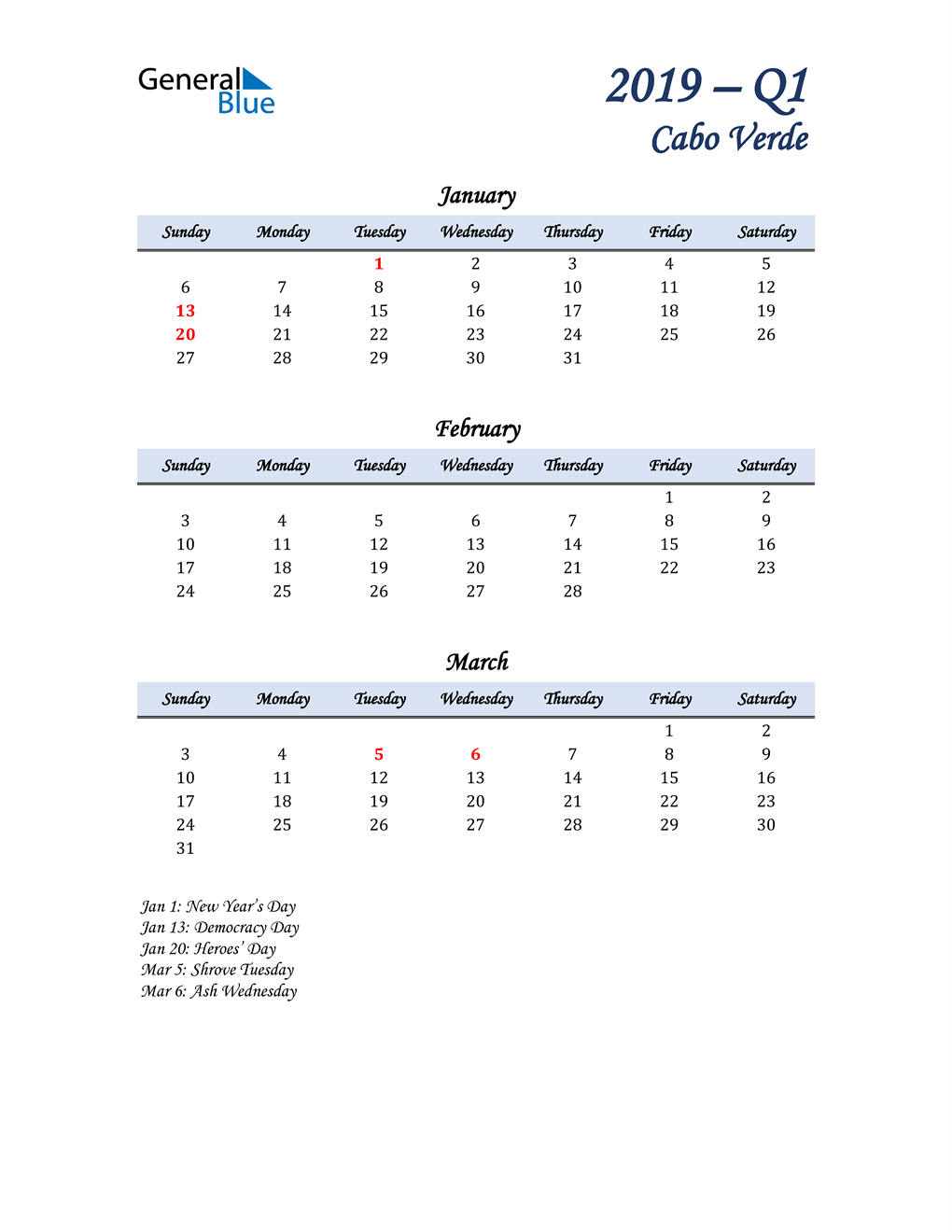  January, February, and March Calendar for Cabo Verde