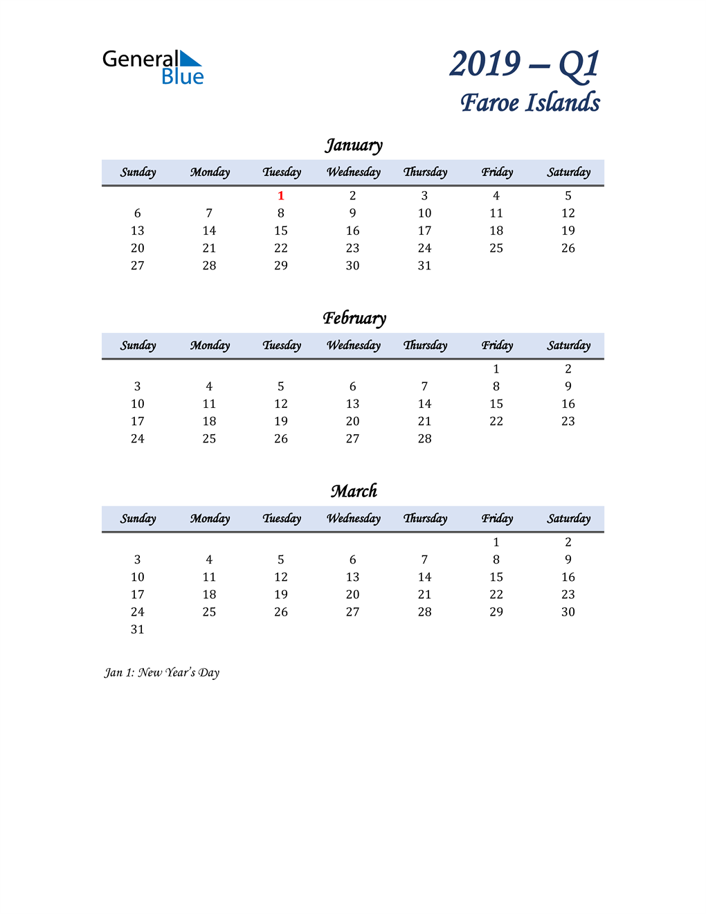  January, February, and March Calendar for Faroe Islands