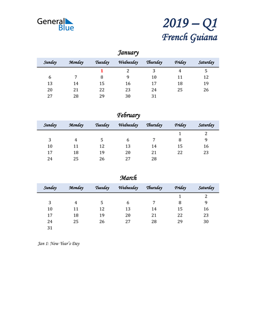  January, February, and March Calendar for French Guiana