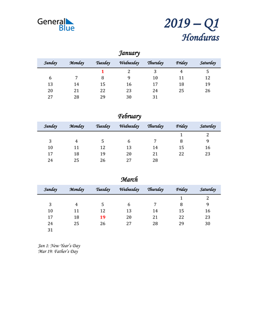  January, February, and March Calendar for Honduras