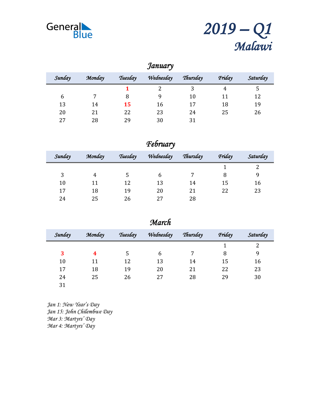  January, February, and March Calendar for Malawi