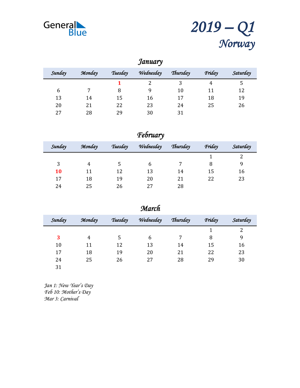  January, February, and March Calendar for Norway