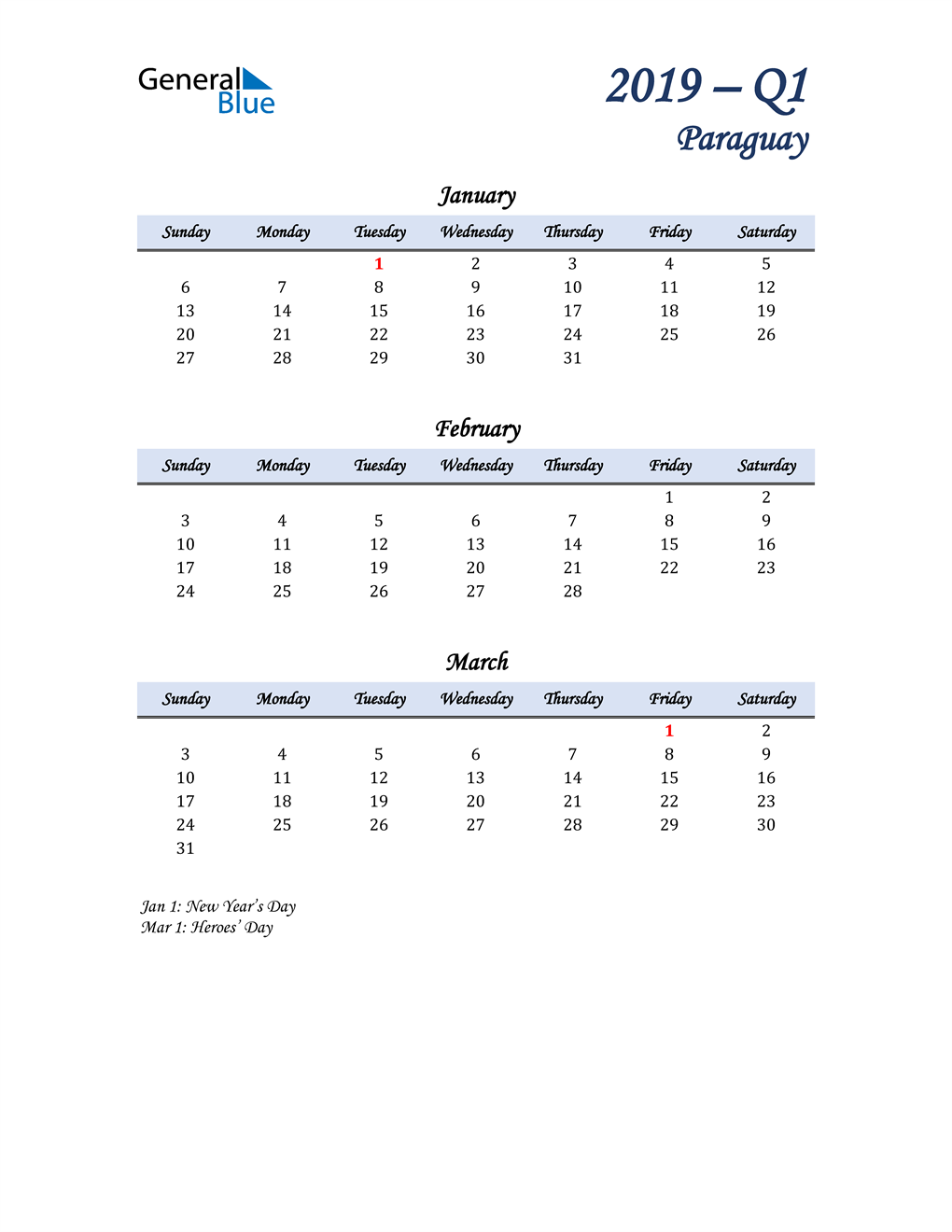  January, February, and March Calendar for Paraguay