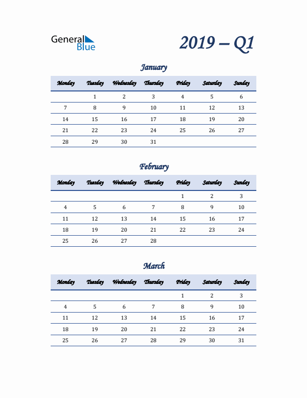 Monday Start 2019 Quarterly Calendar