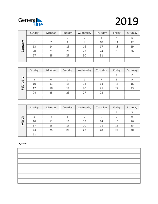  Q1 2019 Calendar with Notes