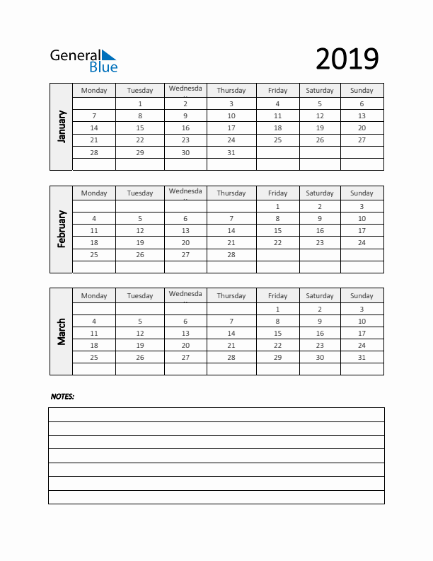 Q1 2019 Calendar with Notes