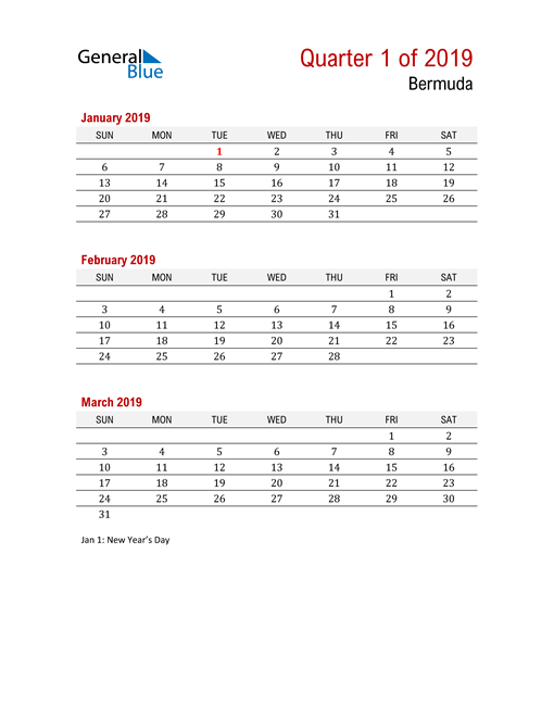  Printable Three Month Calendar for Bermuda