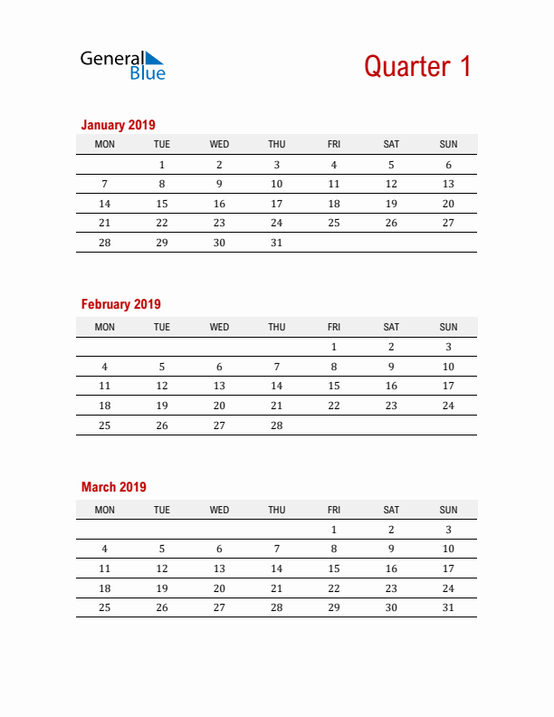 Three-Month Printable Calendar 2019