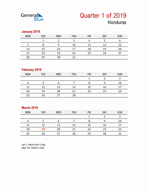 Printable Three Month Calendar with Honduras Holidays