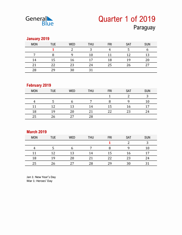 Printable Three Month Calendar with Paraguay Holidays