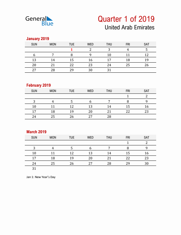 Printable Three Month Calendar with United Arab Emirates Holidays