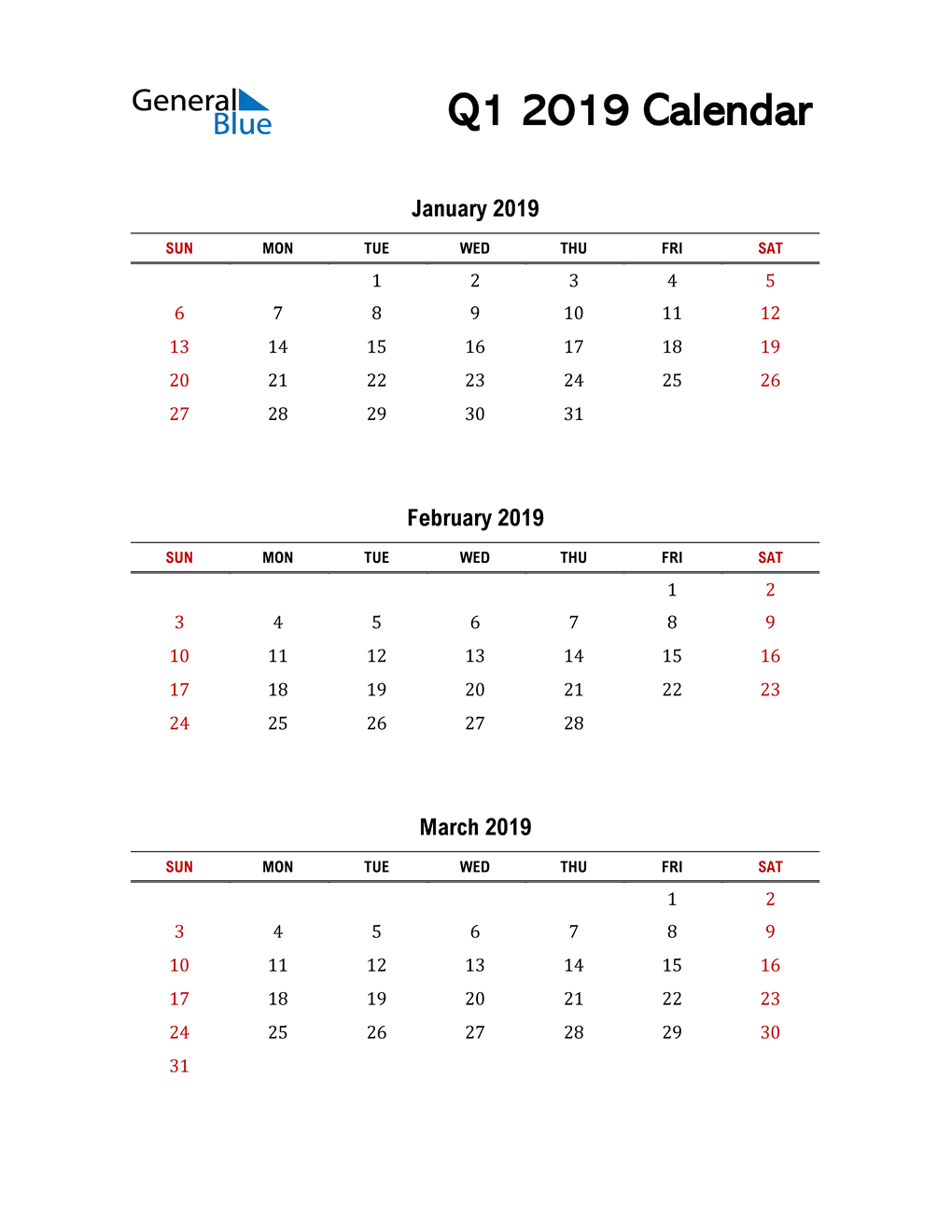  2019 Q1 Calendar with Red Weekend