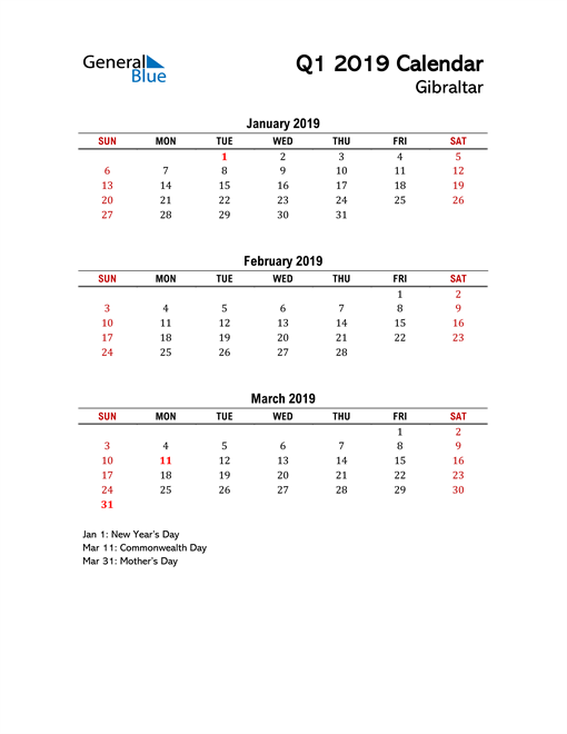  2019 Q1 Calendar with Holidays List
