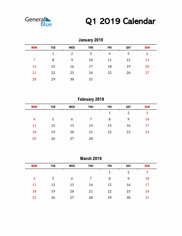 2019 Q1 Calendar with Red Weekend