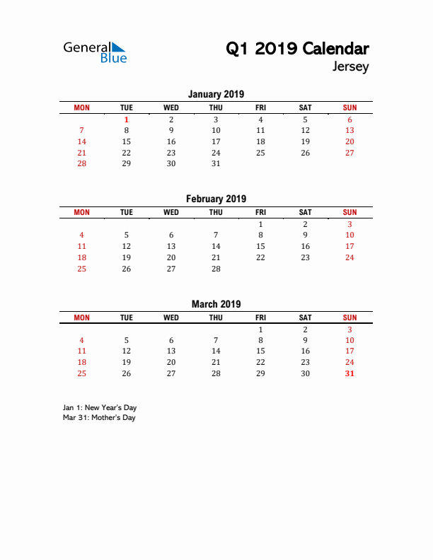2019 Q1 Calendar with Holidays List for Jersey