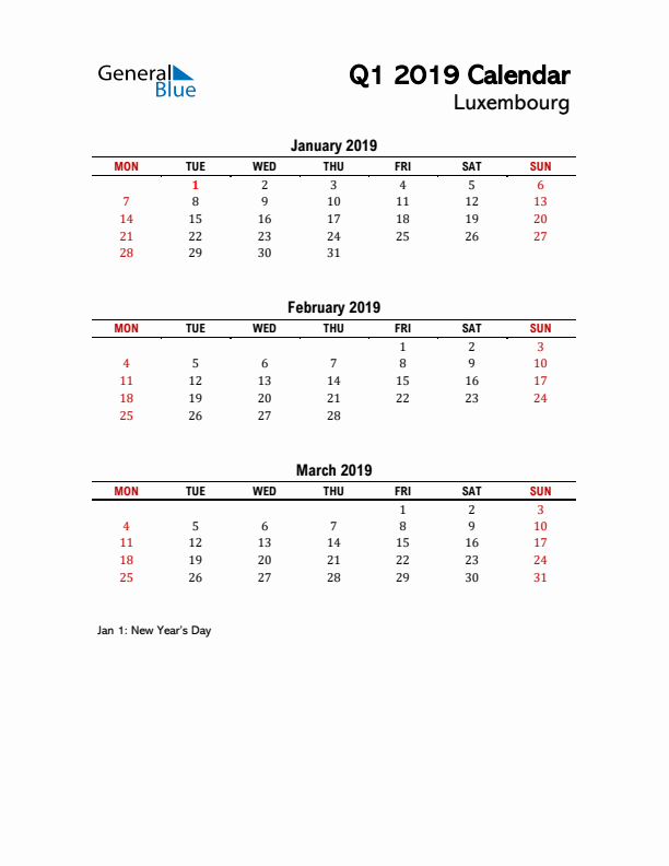 2019 Q1 Calendar with Holidays List for Luxembourg
