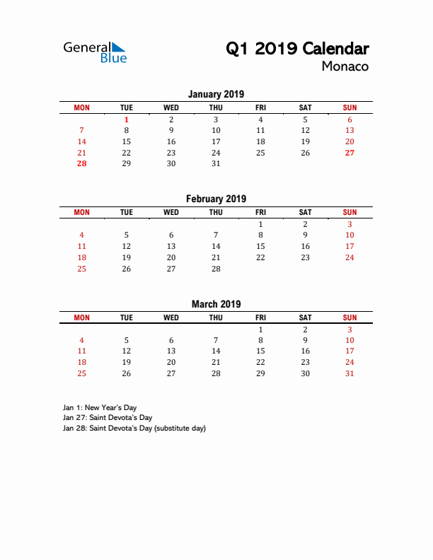 2019 Q1 Calendar with Holidays List for Monaco