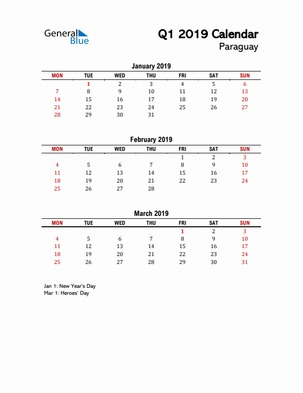 2019 Q1 Calendar with Holidays List for Paraguay