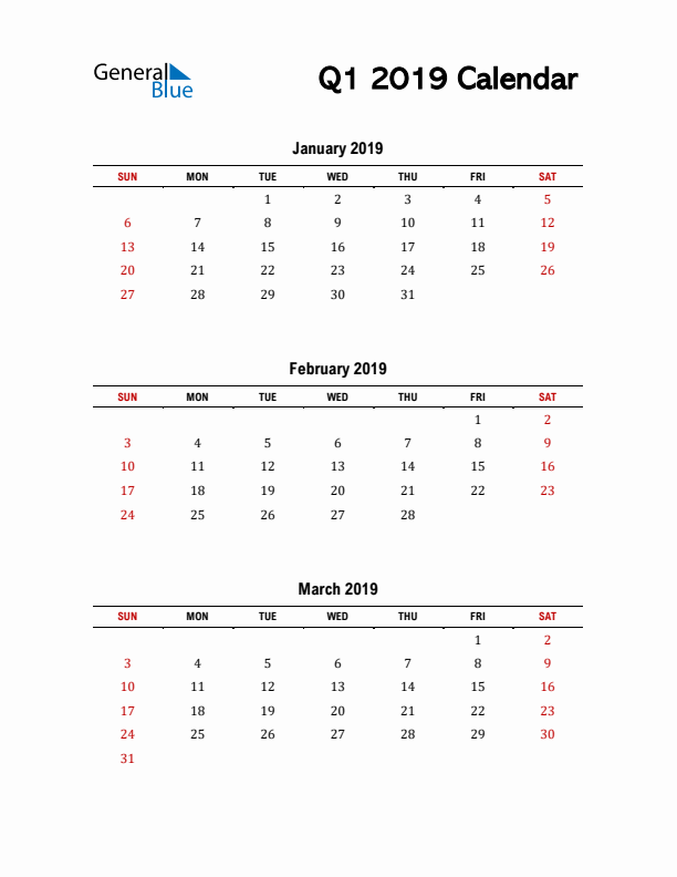 2019 Q1 Calendar with Red Weekend