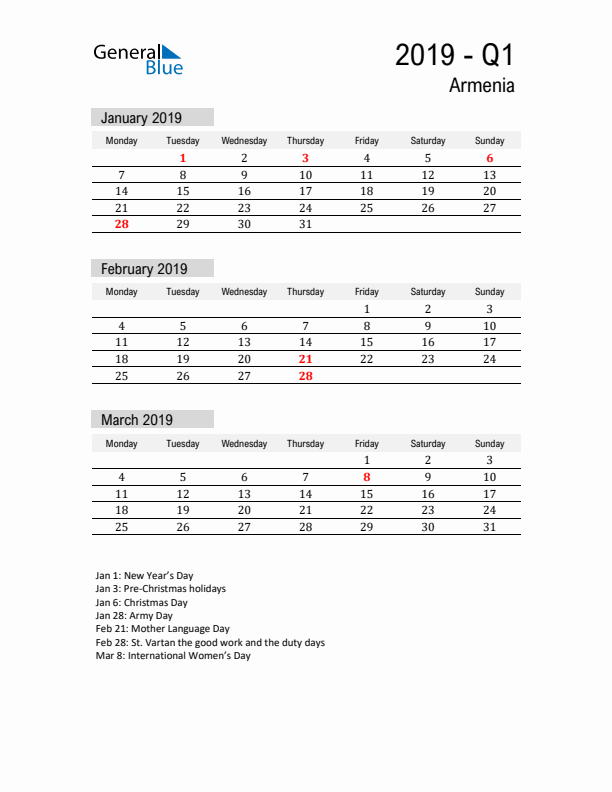 Armenia Quarter 1 2019 Calendar with Holidays