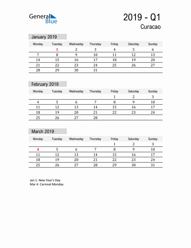 Curacao Quarter 1 2019 Calendar with Holidays