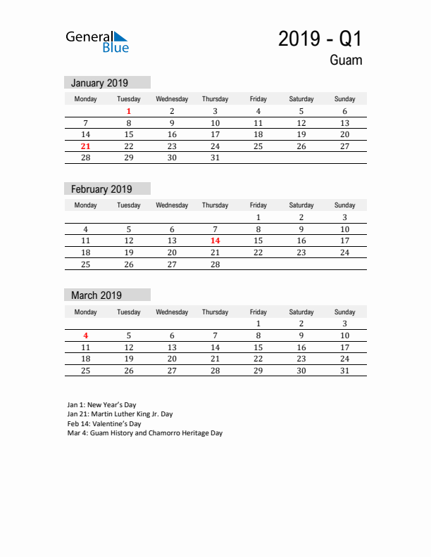 Guam Quarter 1 2019 Calendar with Holidays