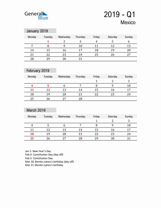 Mexico Quarter 1 2019 Calendar with Holidays