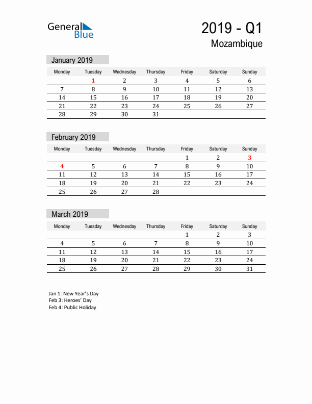 Mozambique Quarter 1 2019 Calendar with Holidays