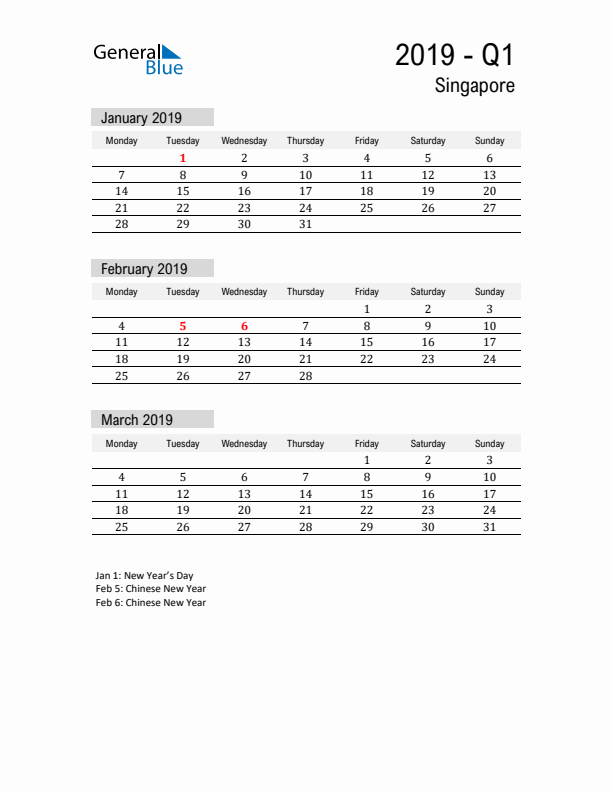 Singapore Quarter 1 2019 Calendar with Holidays
