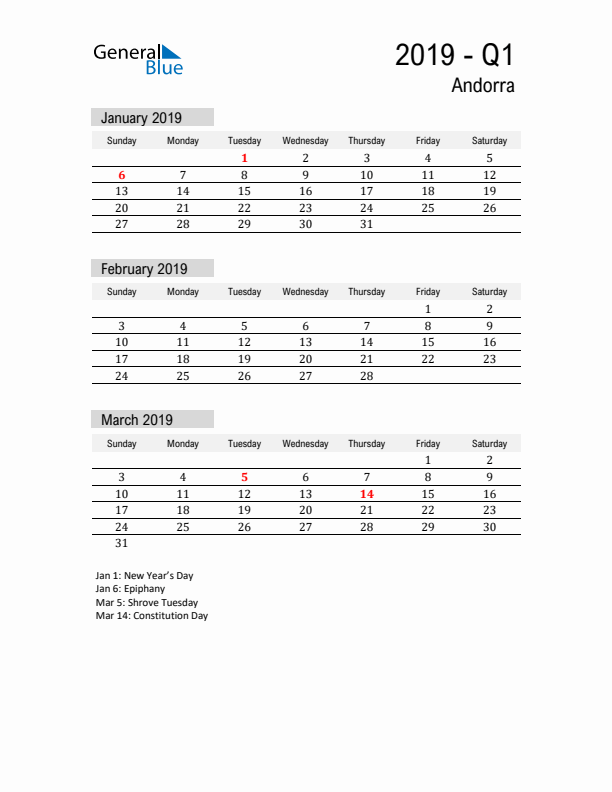 Andorra Quarter 1 2019 Calendar with Holidays