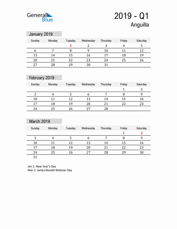 Anguilla Quarter 1 2019 Calendar with Holidays