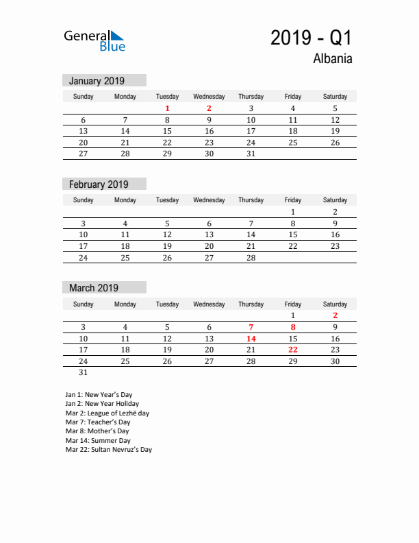 Albania Quarter 1 2019 Calendar with Holidays