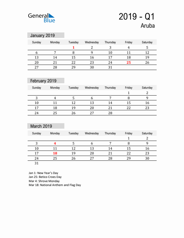 Aruba Quarter 1 2019 Calendar with Holidays