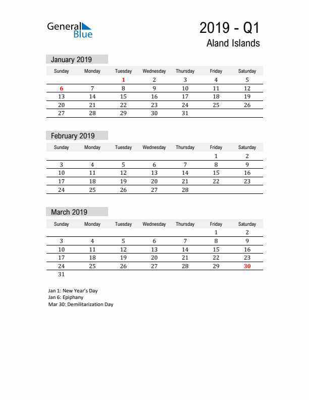 Aland Islands Quarter 1 2019 Calendar with Holidays