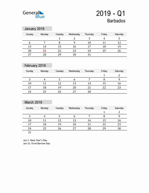 Barbados Quarter 1 2019 Calendar with Holidays