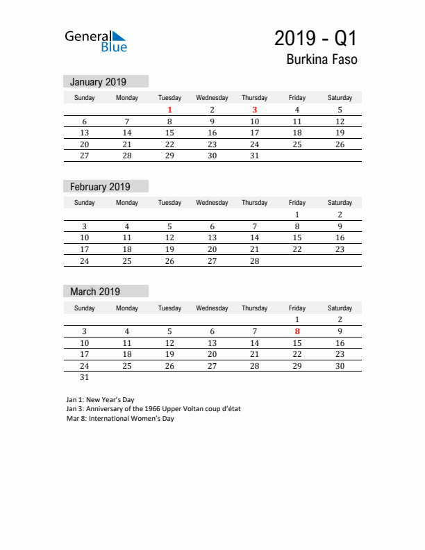 Burkina Faso Quarter 1 2019 Calendar with Holidays