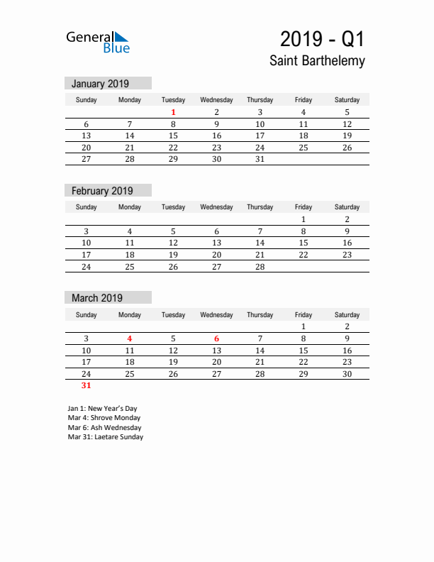 Saint Barthelemy Quarter 1 2019 Calendar with Holidays