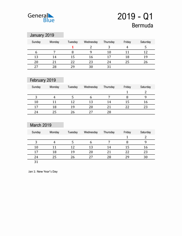 Bermuda Quarter 1 2019 Calendar with Holidays