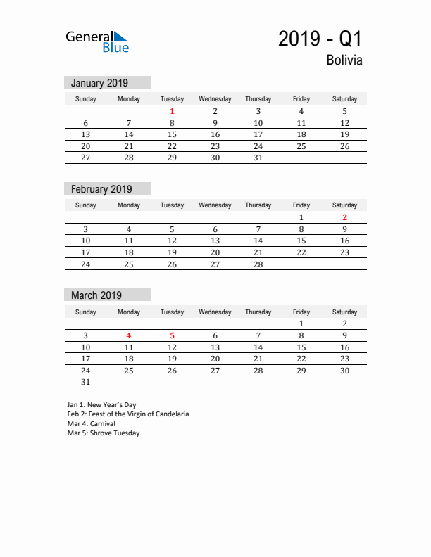 Bolivia Quarter 1 2019 Calendar with Holidays