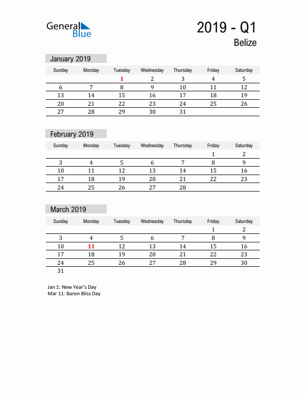 Belize Quarter 1 2019 Calendar with Holidays