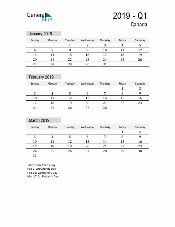 Canada Quarter 1 2019 Calendar with Holidays